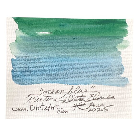 Ocean Blue Original Iridescent Watercolor Painting 4x5in Black Frame Desk Art - Picture 5 of 6